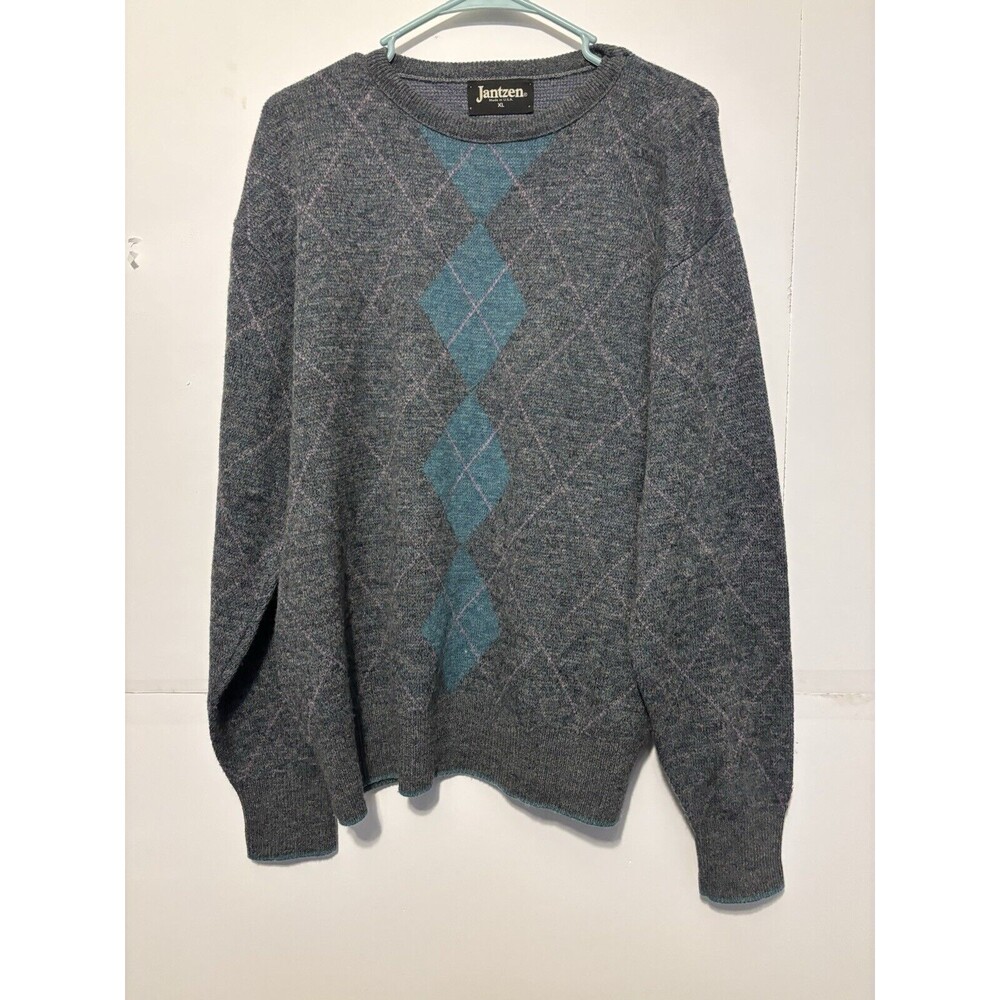 Jantzen Gray/Teal/Pink Argyle Sweater 50% Wool Size X Large Made in the USA